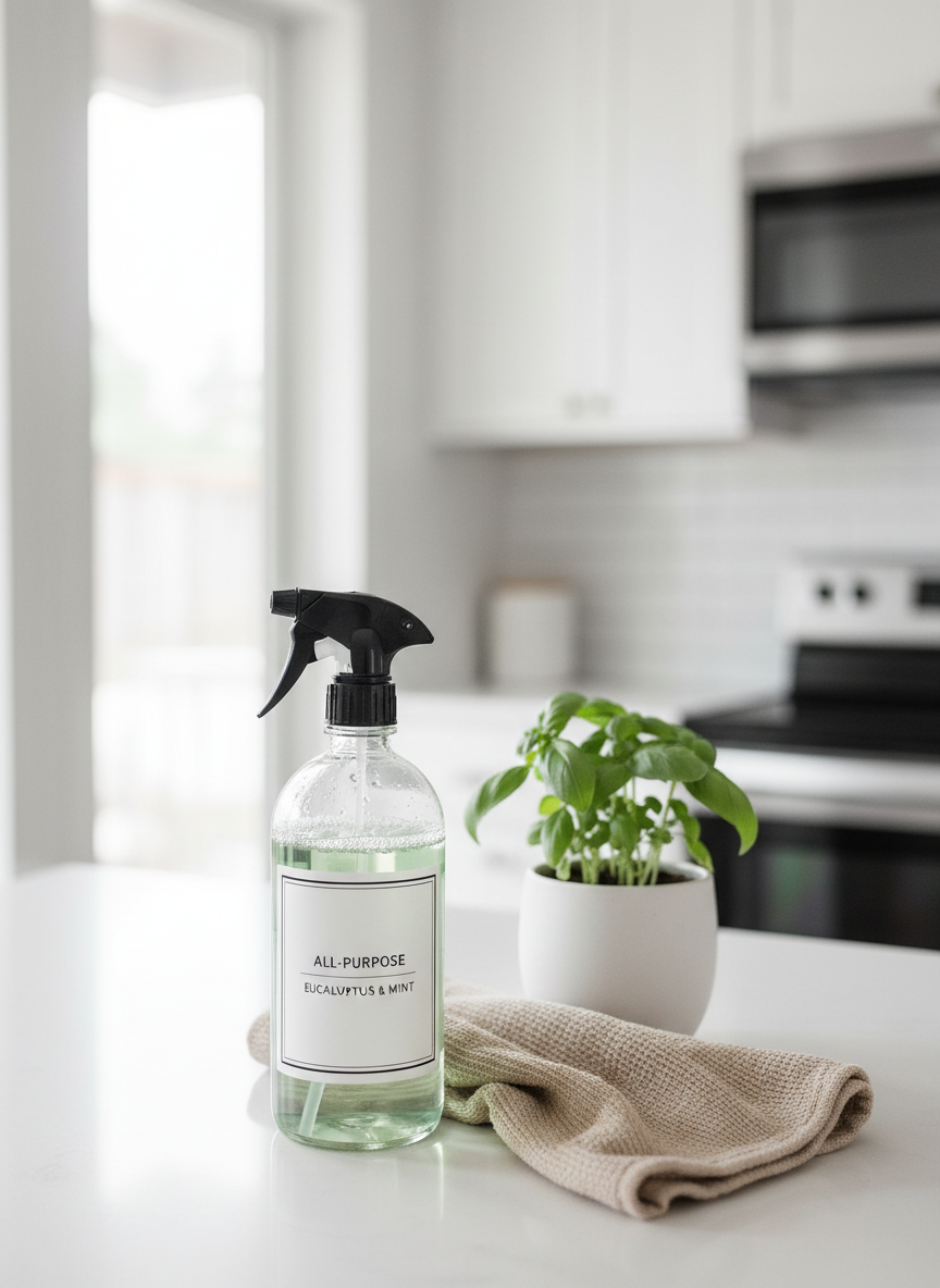 A pristine white kitchen countertop featuring a single, elegantly labeled clear glass spray bottle filled with pale green all-purpose cleaner, tiny bubbles visible along the liquid line. Beside it rests a folded, textured beige microfiber cloth and a small, potted basil plant in a matte white ceramic pot. Diffused daylight from a nearby window washes the scene in soft, even light, creating minimal shadows and a sense of hygiene and clarity. Captured from a slightly elevated angle with shallow depth of field, the foreground products in sharp focus and the background fading into a bright, minimalist kitchen. The photographic style is clean and modern, conveying freshness, safety, and professional household care.