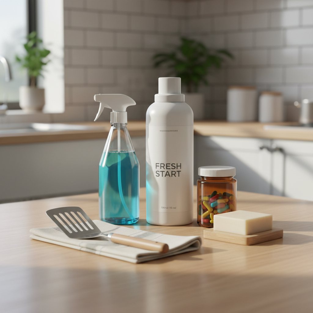 A carefully arranged selection of everyday household essentials displayed on a smooth, light oak kitchen table, including a sleek white laundry detergent bottle, a clear spray cleaner with blue liquid, a small jar of multivitamins, a neutral-toned bar of soap, and a stainless steel spatula resting on a folded cotton dish towel. Soft morning daylight filters in from an unseen window to the left, creating gentle reflections on the plastic and metal surfaces and subtle shadows on the wood grain. Photographed at eye level with a clean, photographic realism, the background falls into a soft bokeh of a modern, tidy kitchen, emphasizing a calm, professional, trustworthy atmosphere suitable for a household product review blog hero image.